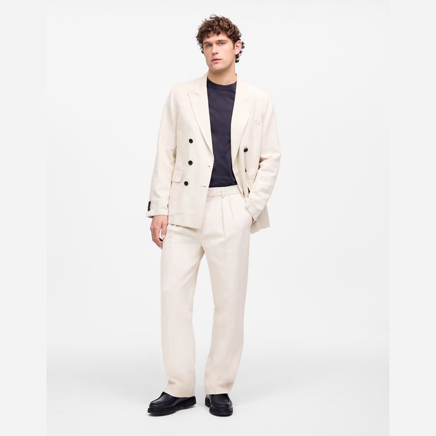 creme madewell doppel-plissee-baumwoll-leinen-mischung hose herren