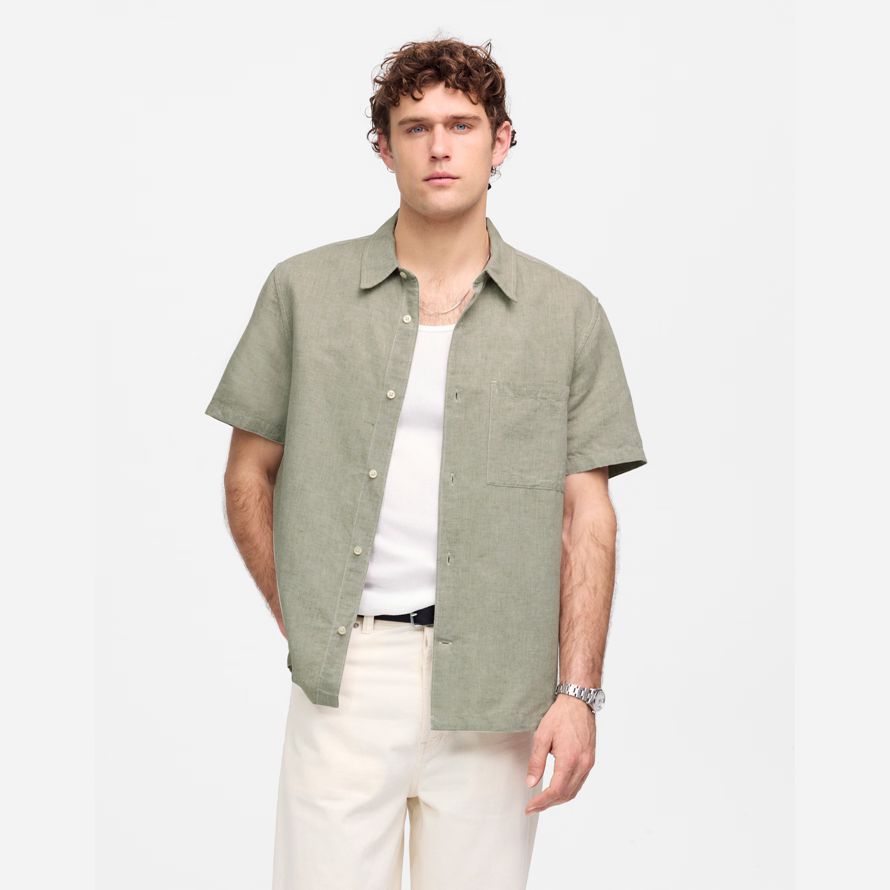 herren madewell button-up kurze baumwoll-leinen-mischung shirts khaki green