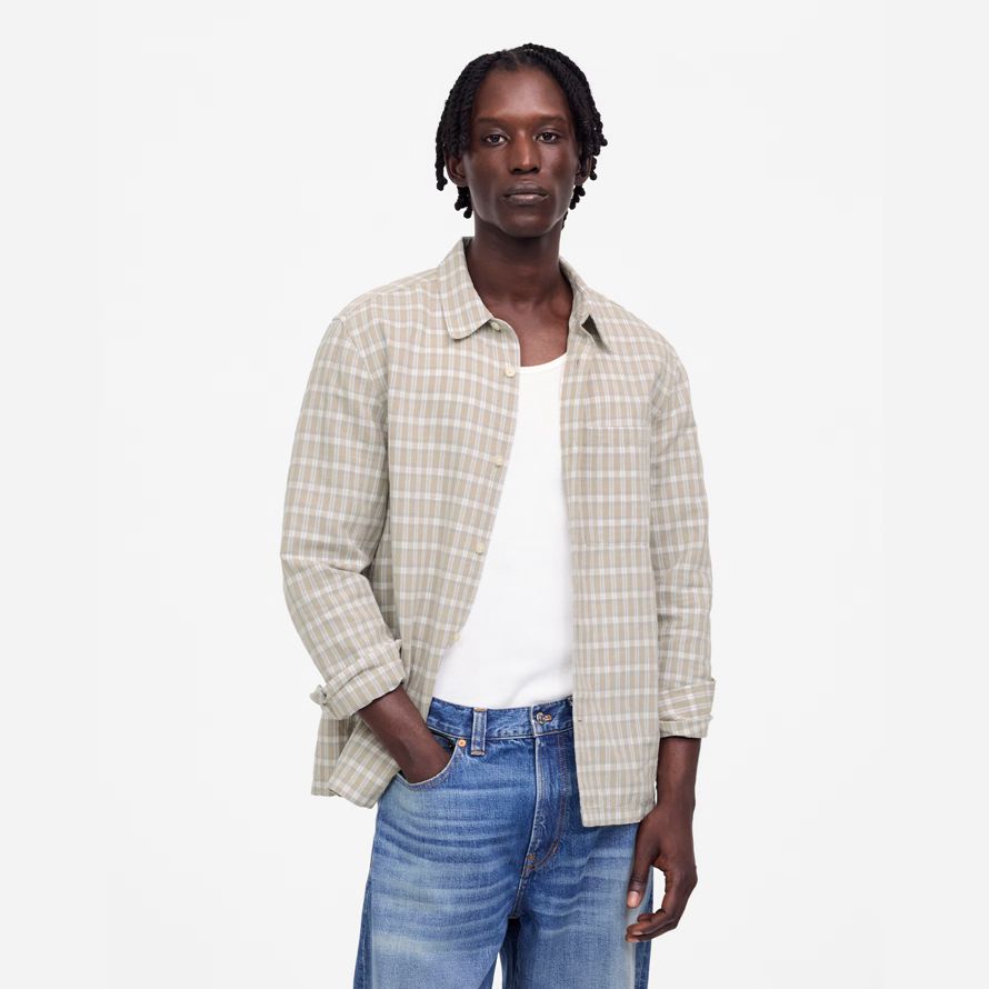 light beige herren madewell button-up baumwoll-leinen-mischung shirts
