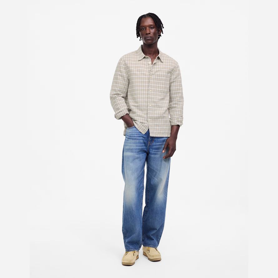 light beige herren madewell button-up baumwoll-leinen-mischung shirts