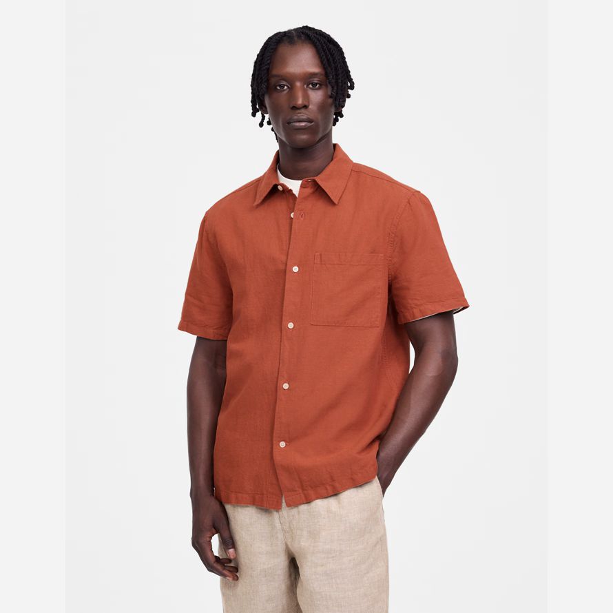herren madewell button-up kurze baumwoll-leinen-mischung shirts orange-braun