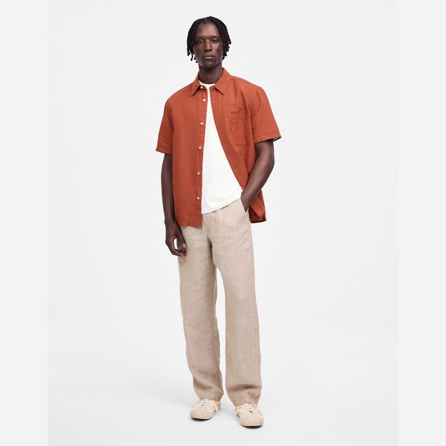 herren madewell button-up kurze baumwoll-leinen-mischung shirts orange-braun