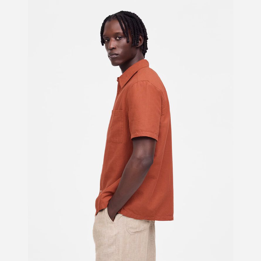 herren madewell button-up kurze baumwoll-leinen-mischung shirts orange-braun