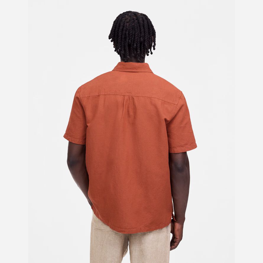 herren madewell button-up kurze baumwoll-leinen-mischung shirts orange-braun