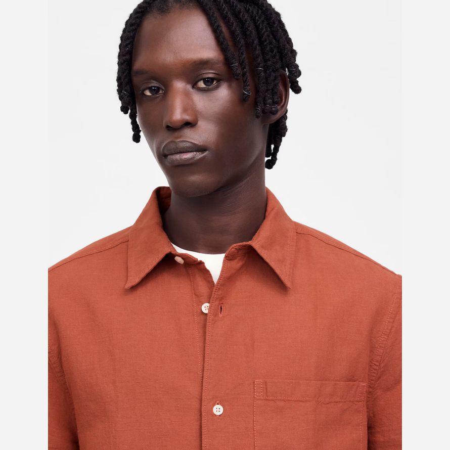 herren madewell button-up kurze baumwoll-leinen-mischung shirts orange-braun