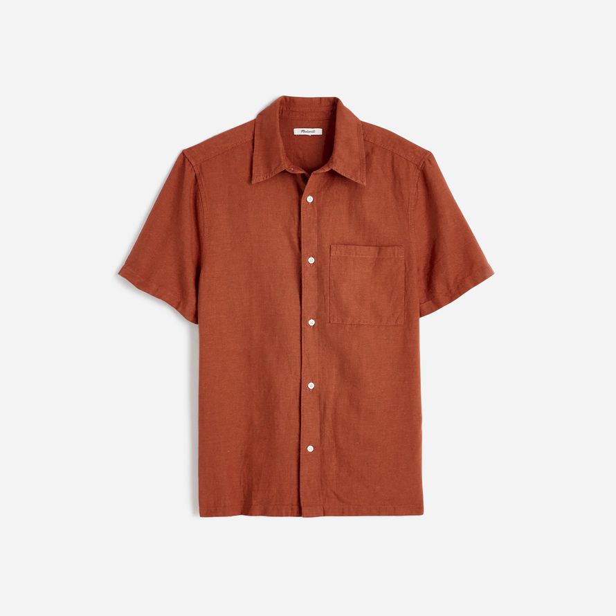 herren madewell button-up kurze baumwoll-leinen-mischung shirts orange-braun