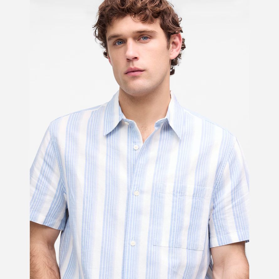 licht blau weiß herren madewell button-up kurze baumwoll-leinen-mischung shirts