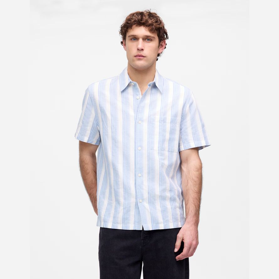 licht blau weiß herren madewell button-up kurze baumwoll-leinen-mischung shirts