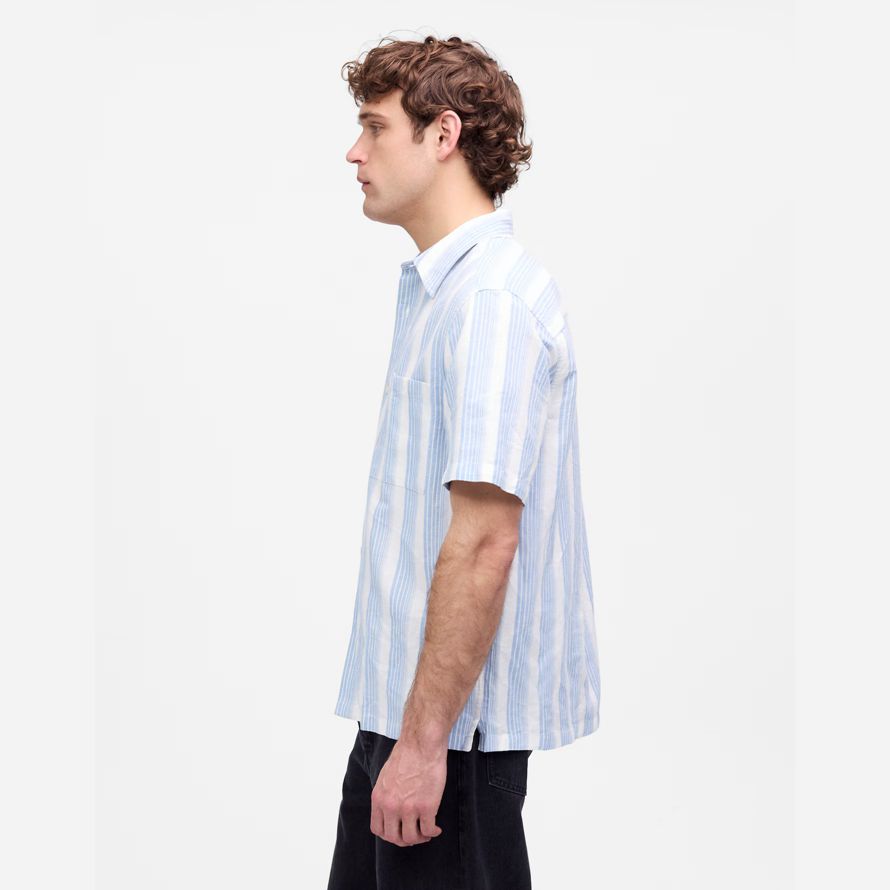 licht blau weiß herren madewell button-up kurze baumwoll-leinen-mischung shirts
