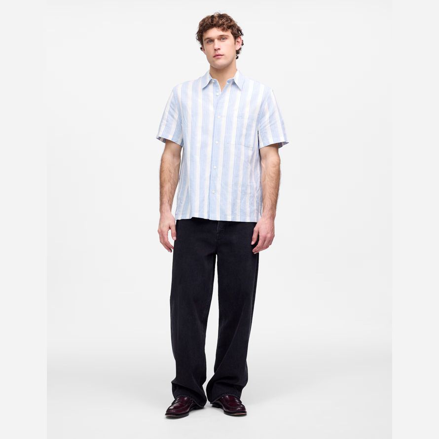 licht blau weiß herren madewell button-up kurze baumwoll-leinen-mischung shirts