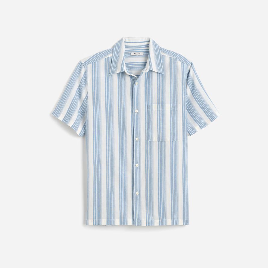 licht blau weiß herren madewell button-up kurze baumwoll-leinen-mischung shirts