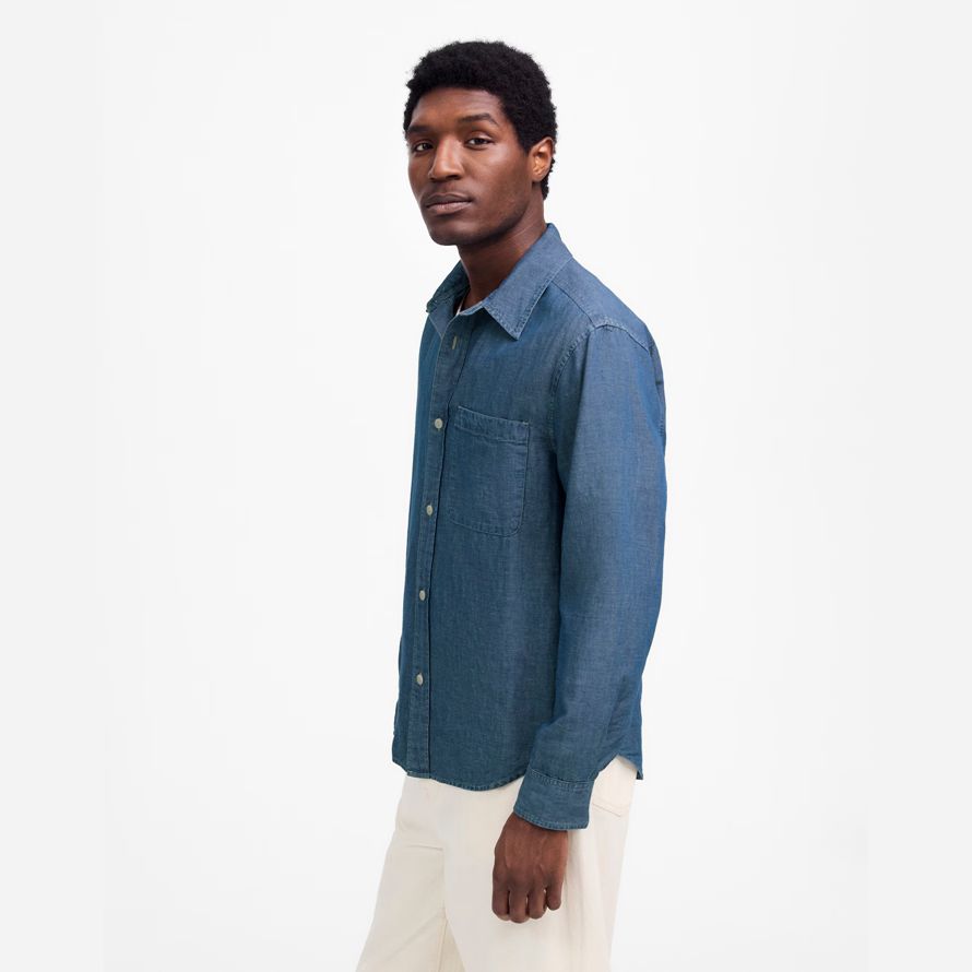 herren madewell chambray button-up baumwoll-leinen-mischung shirts blau