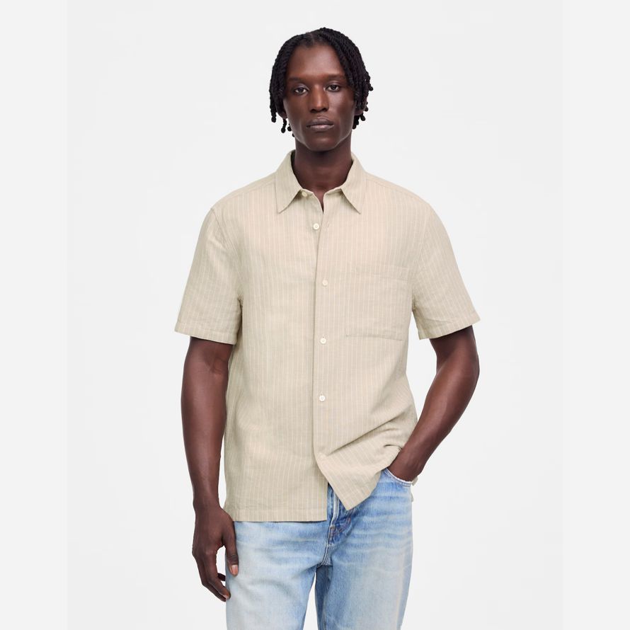 herren madewell button-up kurze baumwoll-leinen-mischung t-shirts beige