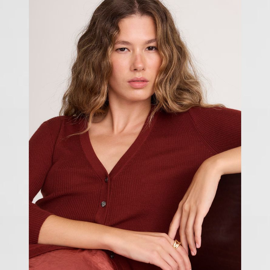 rot braun damen madewell deep v-neck merino-silk blend cardigan
