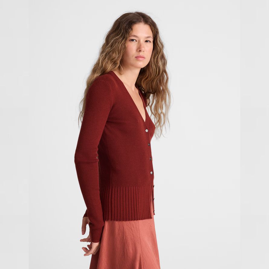 rot braun damen madewell deep v-neck merino-silk blend cardigan