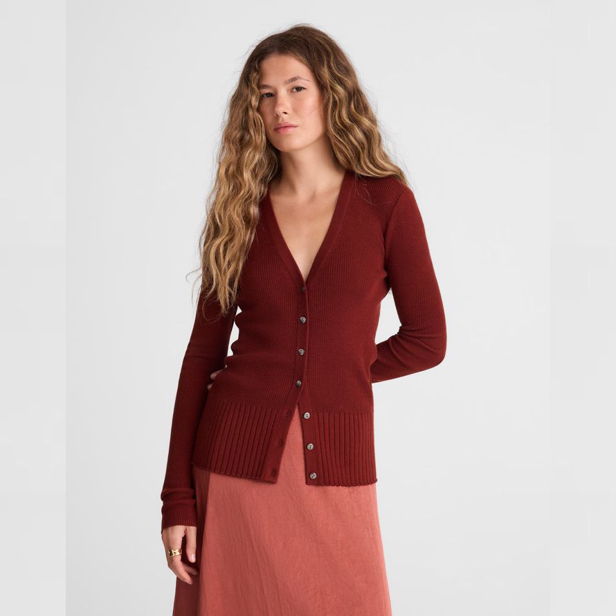 rot braun damen madewell deep v-neck merino-silk blend cardigan