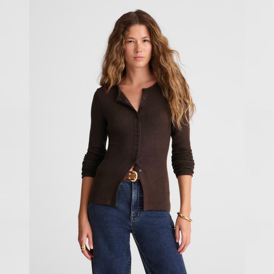 madewell textur-ausschnitt crewneck frauen-strickjacke dunkelbraun