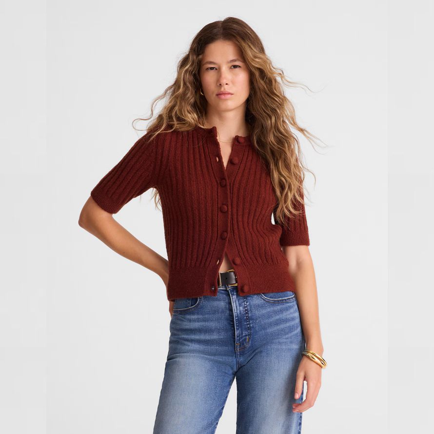 rot braun madewell kurzen puff-sleeve womens strickjacke