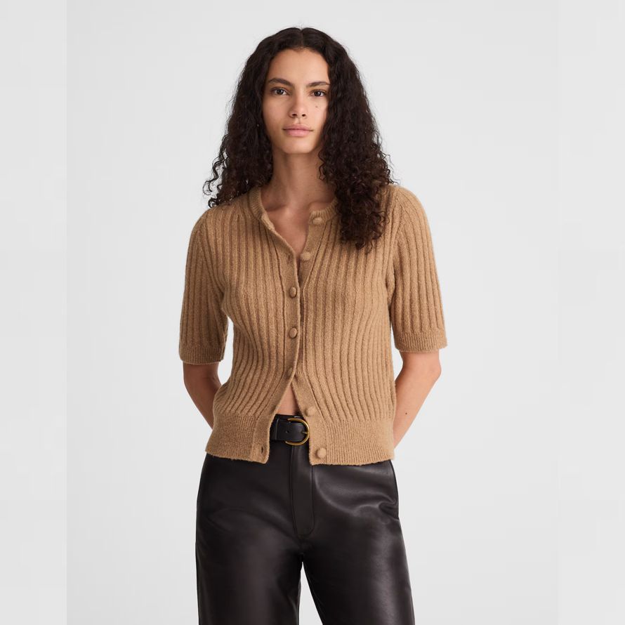 brown madewell kurzen puff-sleeve womens strickjacke