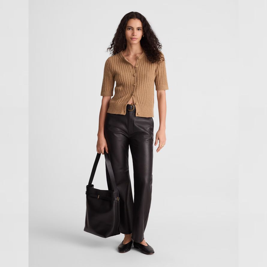 brown madewell kurzen puff-sleeve womens strickjacke