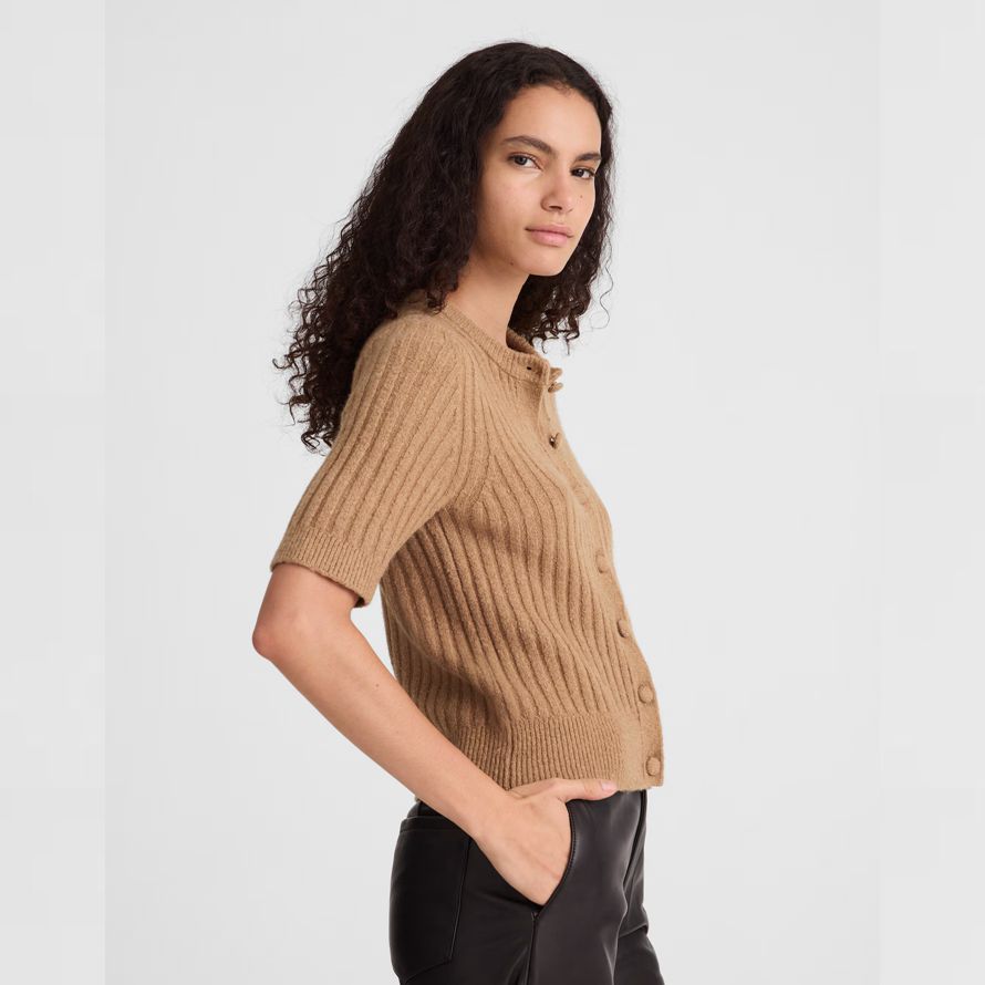 brown madewell kurzen puff-sleeve womens strickjacke