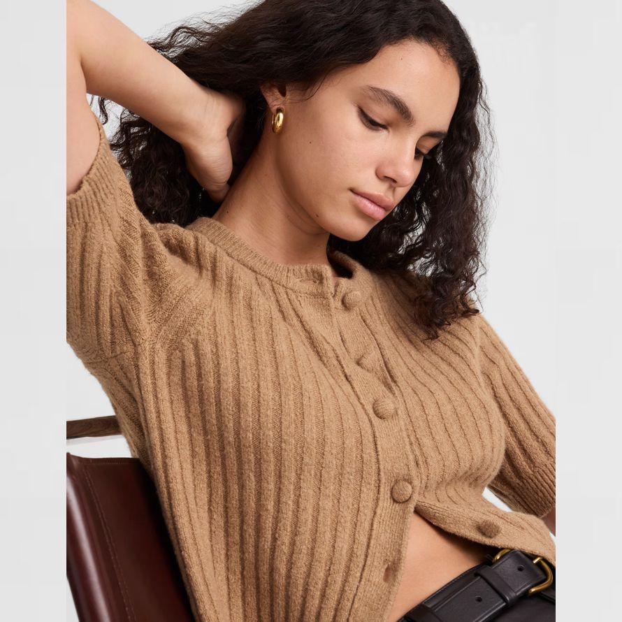 brown madewell kurzen puff-sleeve womens strickjacke