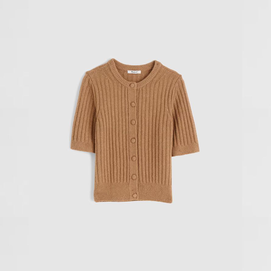 brown madewell kurzen puff-sleeve womens strickjacke