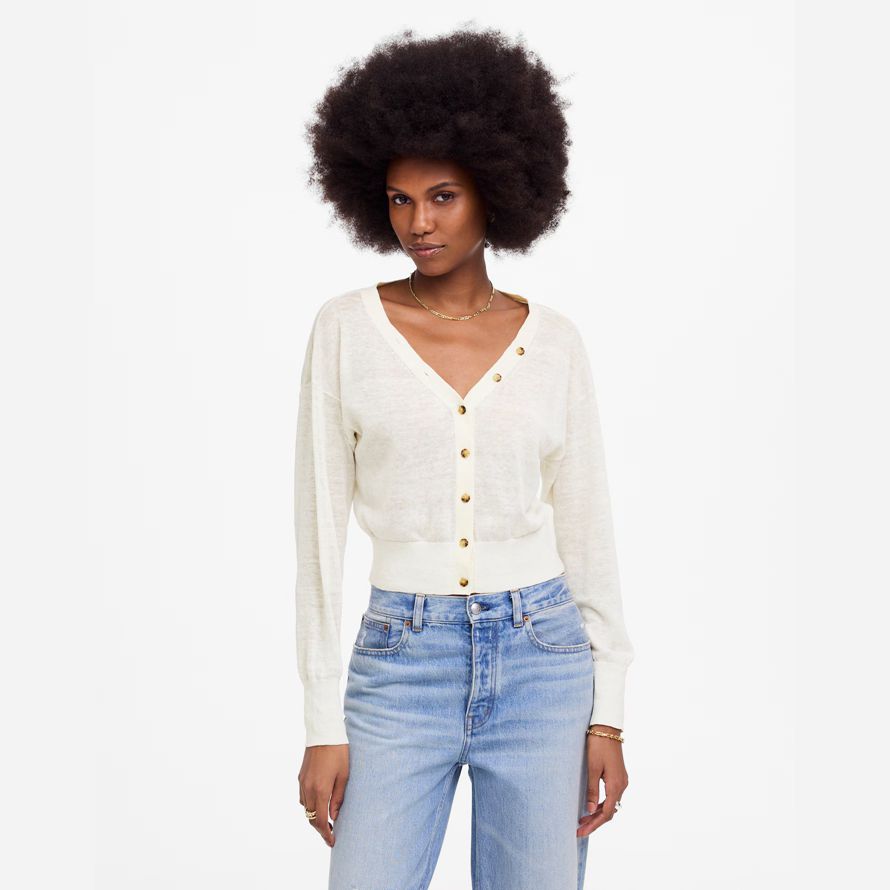 madewell linen-blend v-neck womens cardigan creme