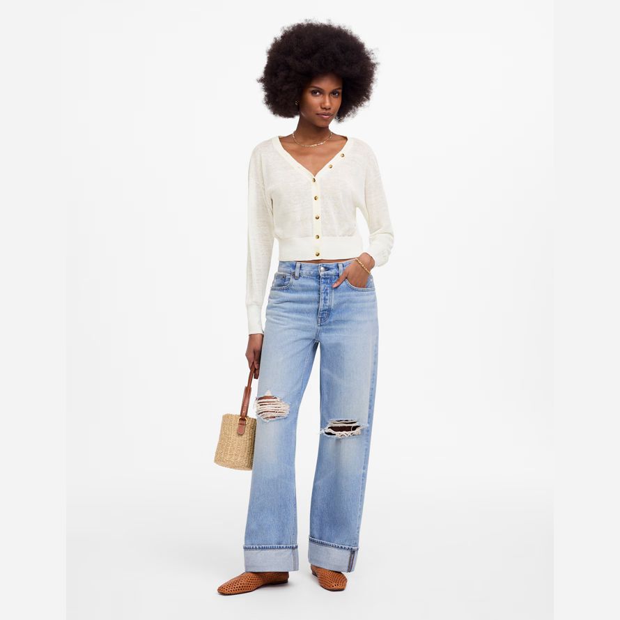 madewell linen-blend v-neck womens cardigan creme