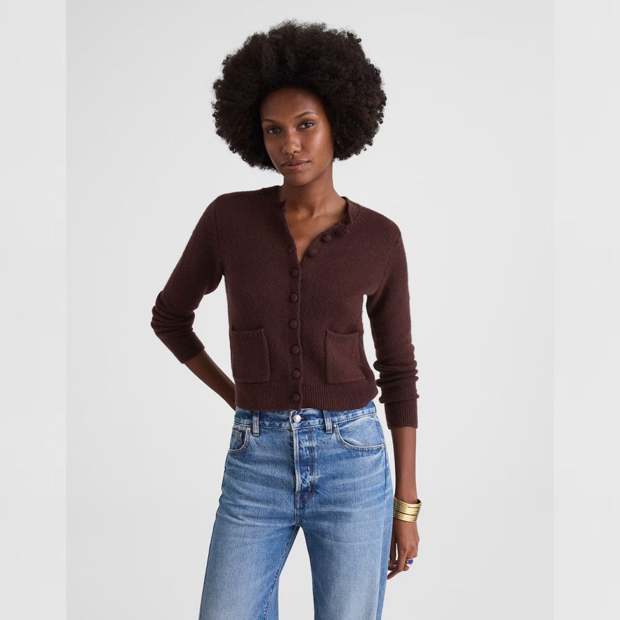 dunkelbraun damen madewell patch-tasche baumwolle-blend-cardigan
