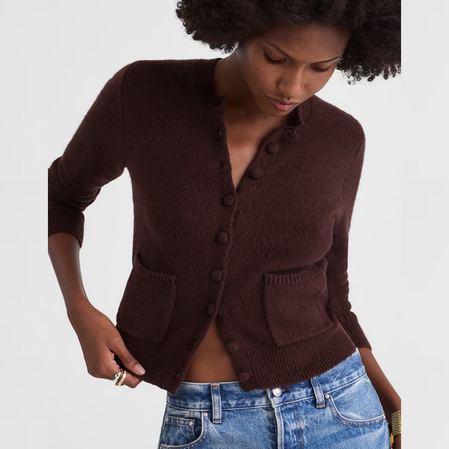 dunkelbraun damen madewell patch-tasche baumwolle-blend-cardigan
