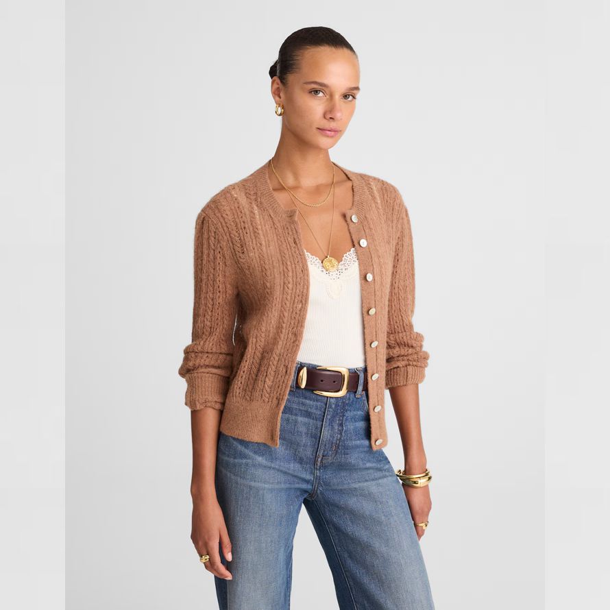 braun damen madewell pointelle-stich-alpaka-mischung strickjacke