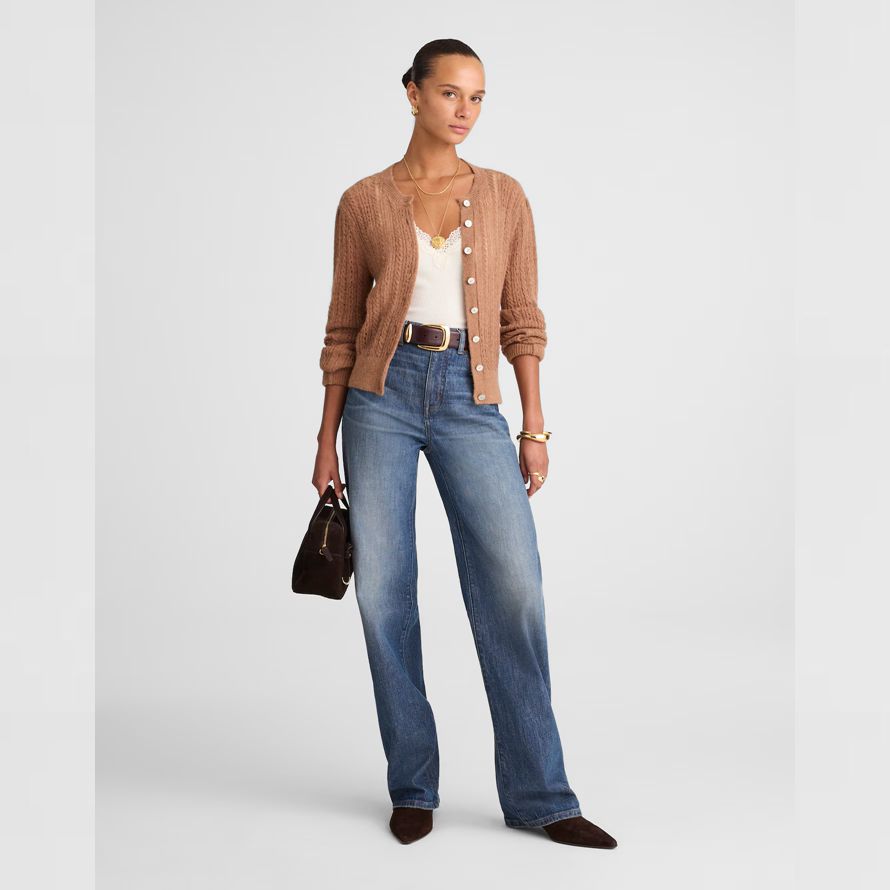 braun damen madewell pointelle-stich-alpaka-mischung strickjacke