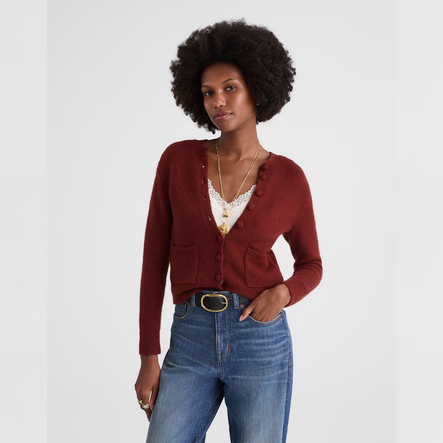 damen madewell patch-tasche baumwolle-blend-cardigan rot braun