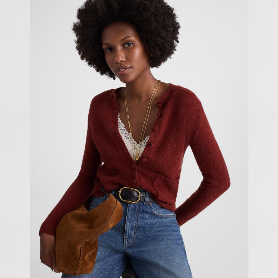 damen madewell patch-tasche baumwolle-blend-cardigan rot braun