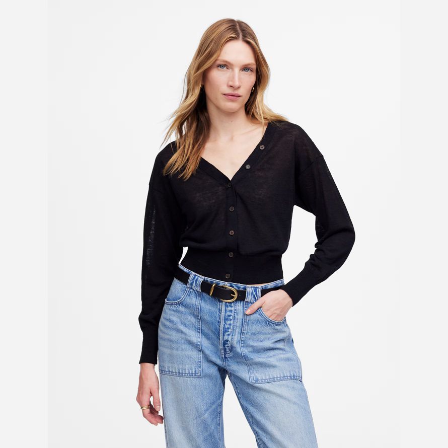 damen madewell linen-blend v-neck strickjacke schwarz