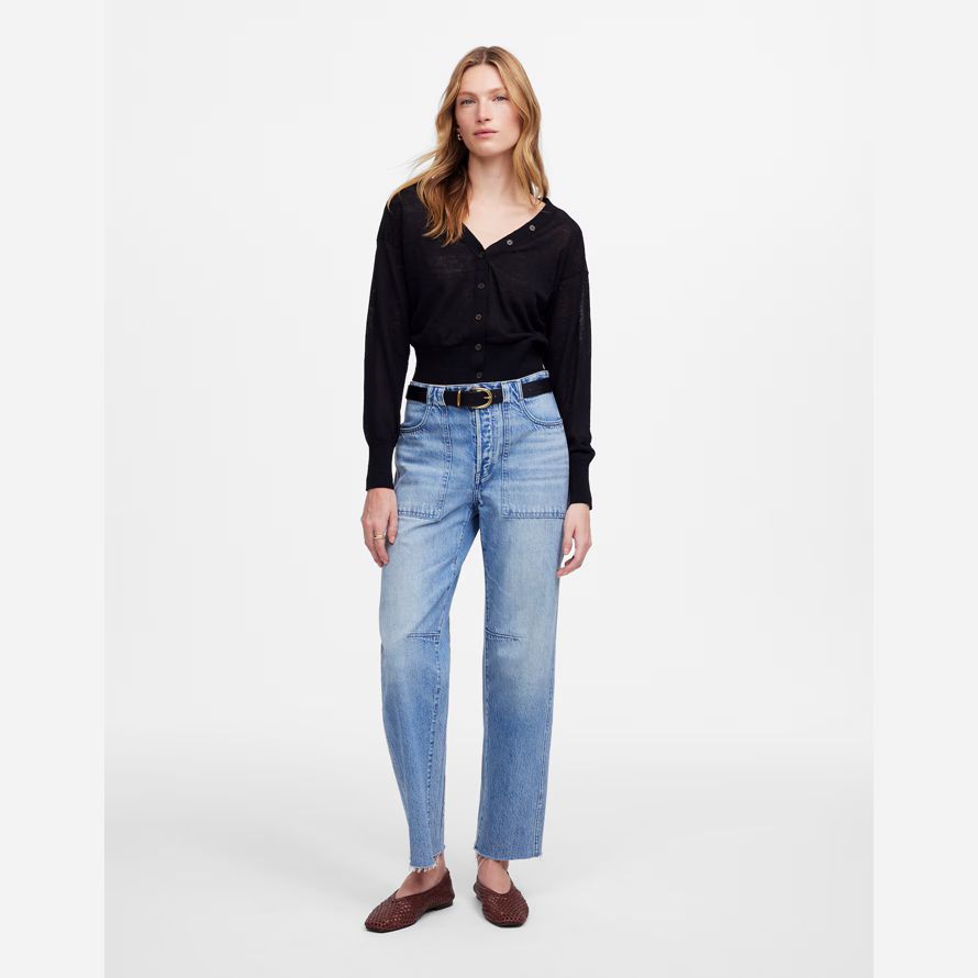 damen madewell linen-blend v-neck strickjacke schwarz