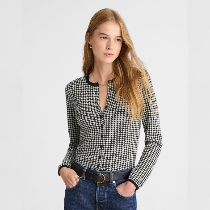 damen madewell hahnentritt crewneck 100 merino wolle strickjacke schwarz weiß