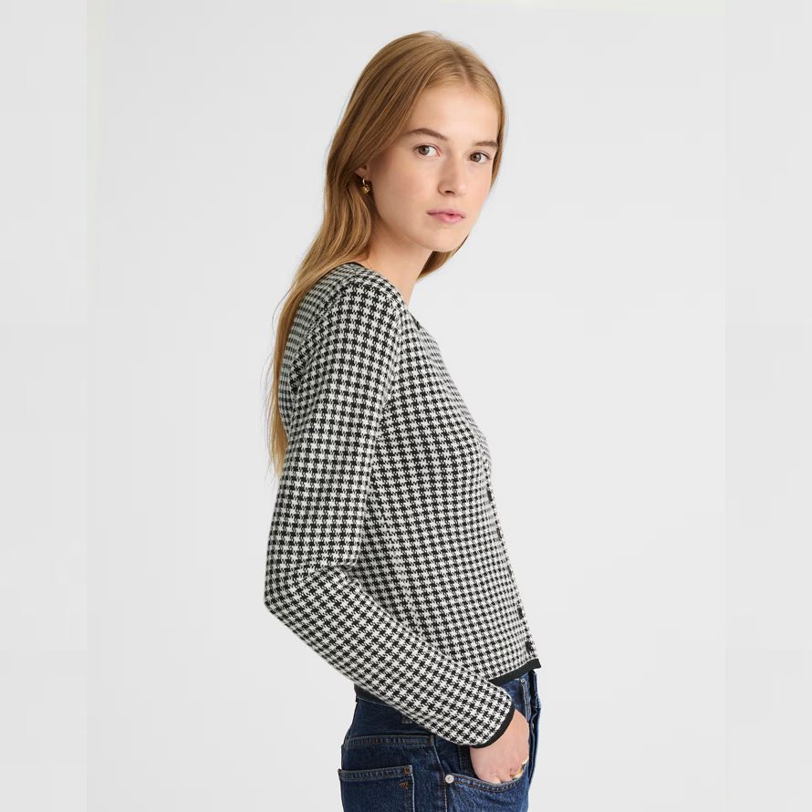 damen madewell hahnentritt crewneck 100 merino wolle strickjacke schwarz weiß