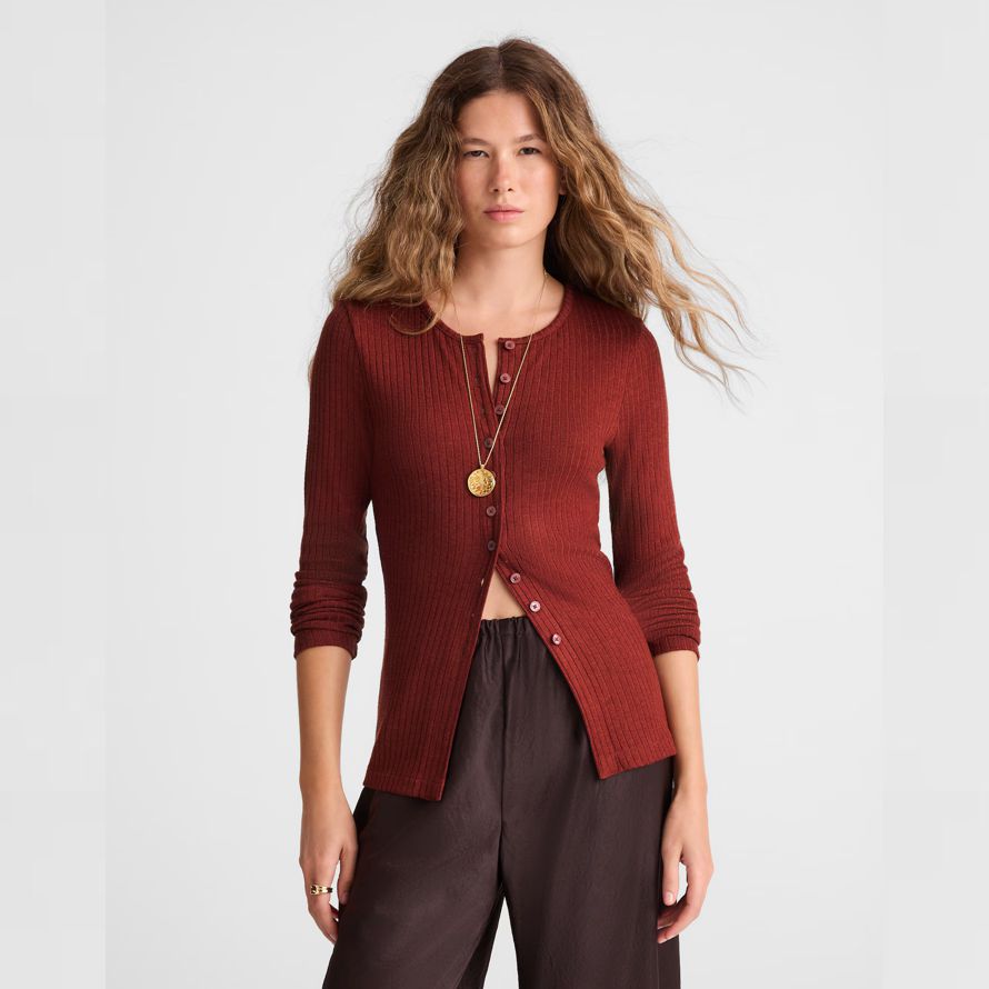rot braun damen madewell textur-ausschnitt crewneck cardigan
