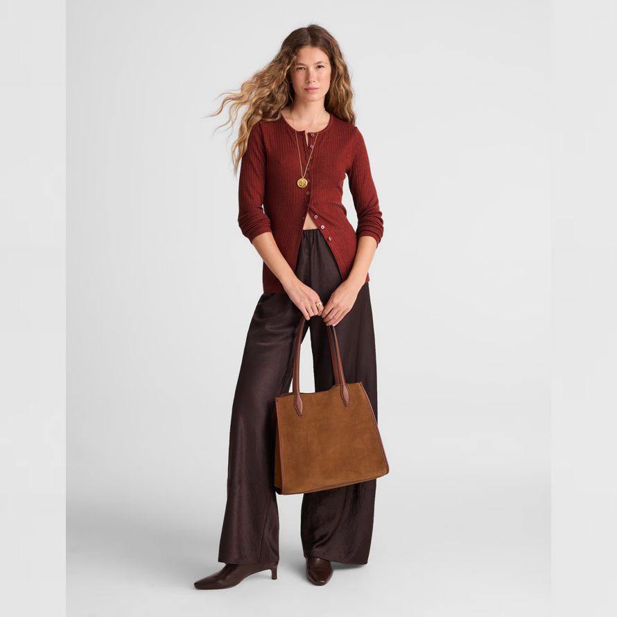 rot braun damen madewell textur-ausschnitt crewneck cardigan