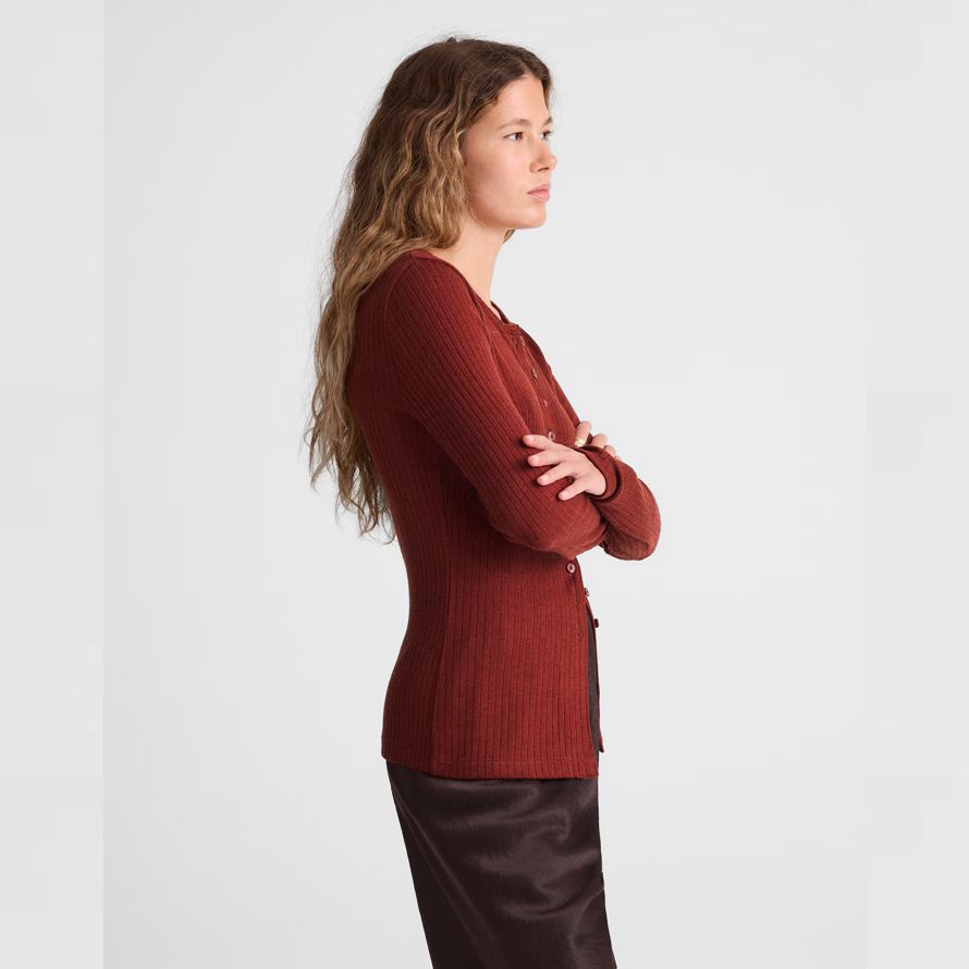 rot braun damen madewell textur-ausschnitt crewneck cardigan
