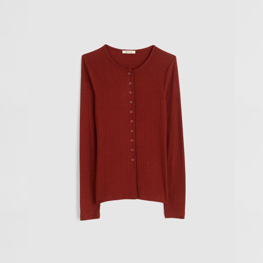rot braun damen madewell textur-ausschnitt crewneck cardigan