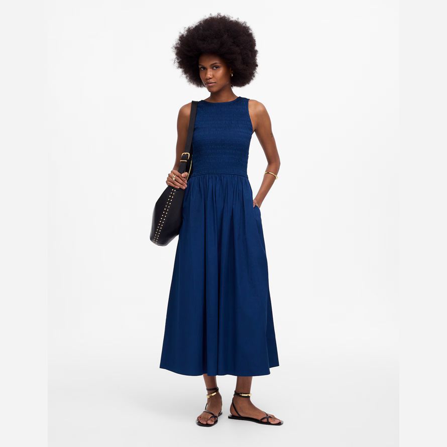 madewell die melodie scoopback gesmokt midi-kleid womens navy