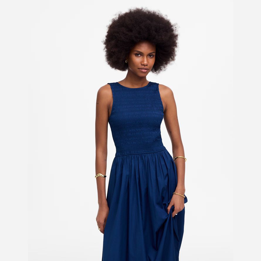 madewell die melodie scoopback gesmokt midi-kleid womens navy