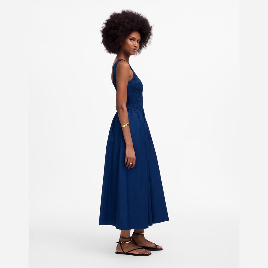 madewell die melodie scoopback gesmokt midi-kleid womens navy