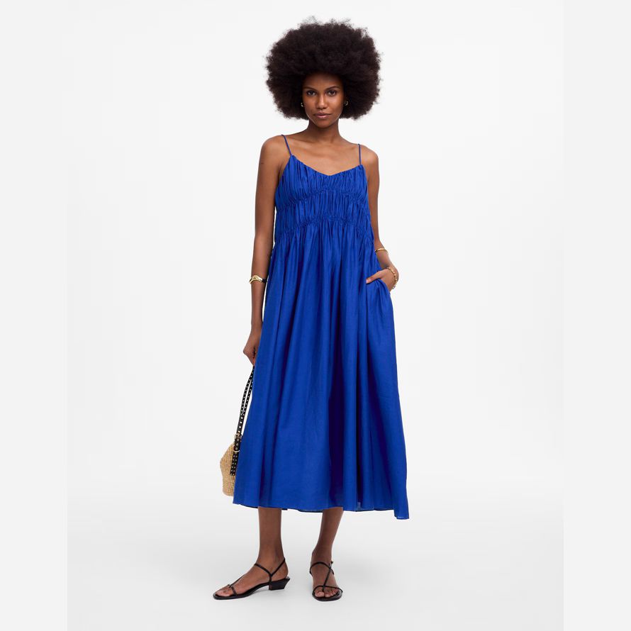 madewell textured v-neck midi damen kleid blau