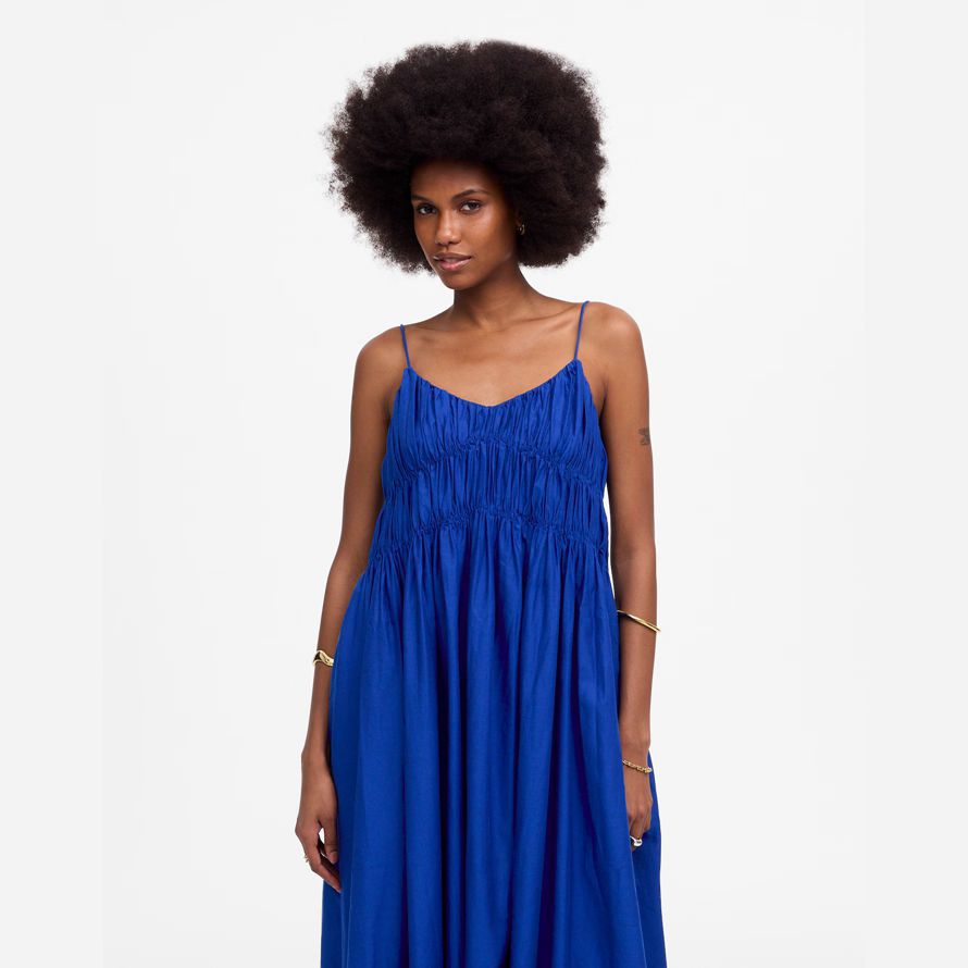 madewell textured v-neck midi damen kleid blau