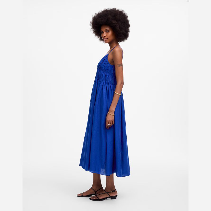 madewell textured v-neck midi damen kleid blau