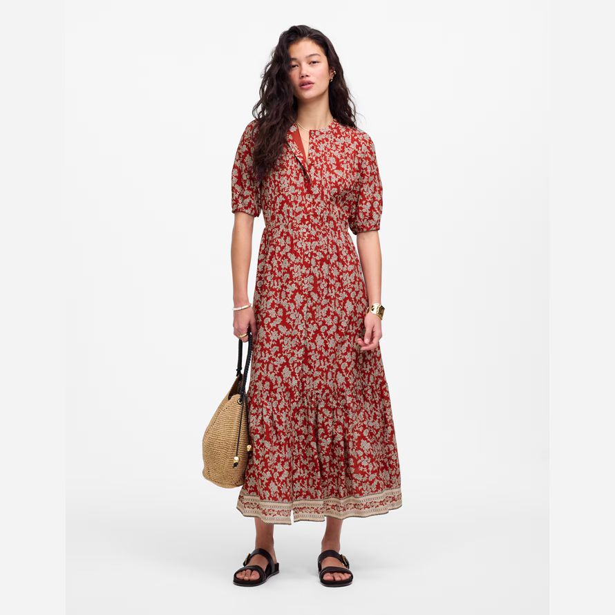 rot weiß madewell pintucked puff-sleeve midi-kleid womens